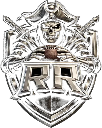 Reno Raiders crest — armored skull in a pirate hat gripping a football over a shield with crossed swords and the letters RR